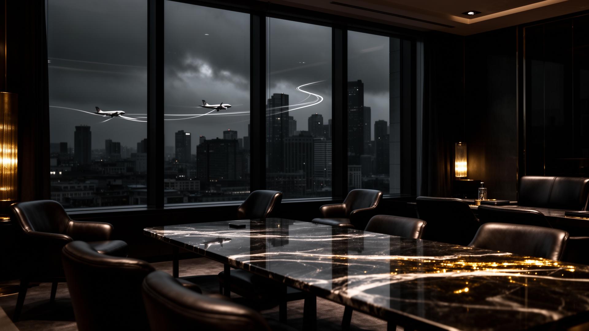 Executive lounge at dusk overlooking a moody skyline with distant aircraft